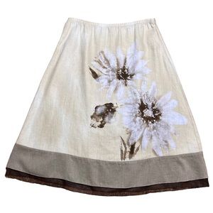 J Jill Floral Linen Cream Brown Ruffle Skirt Sz S